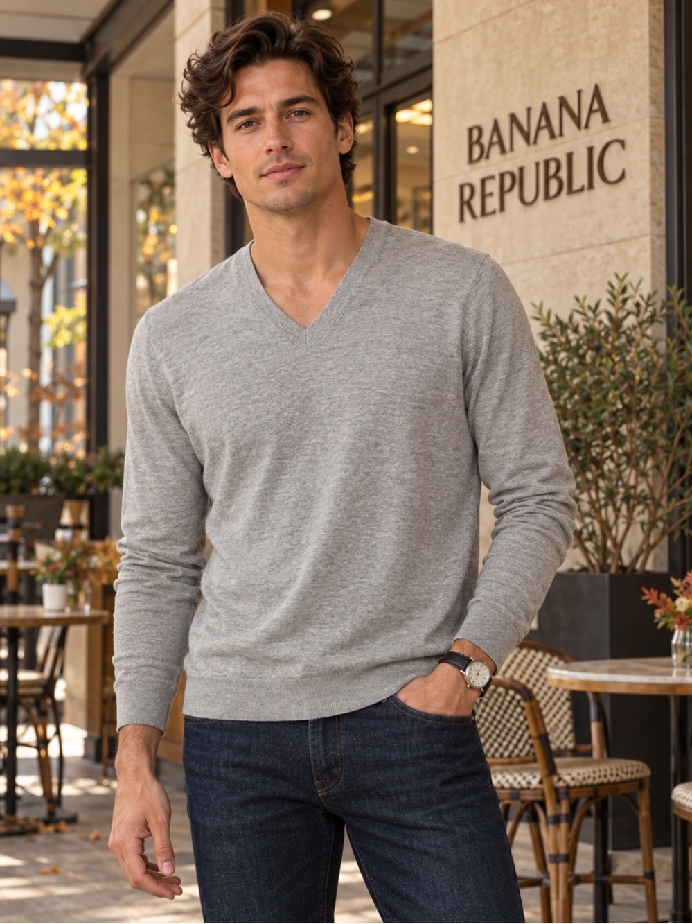 Banana Republic Men’s L Silk Cotton Cashmere V-Neck Sweater Gray